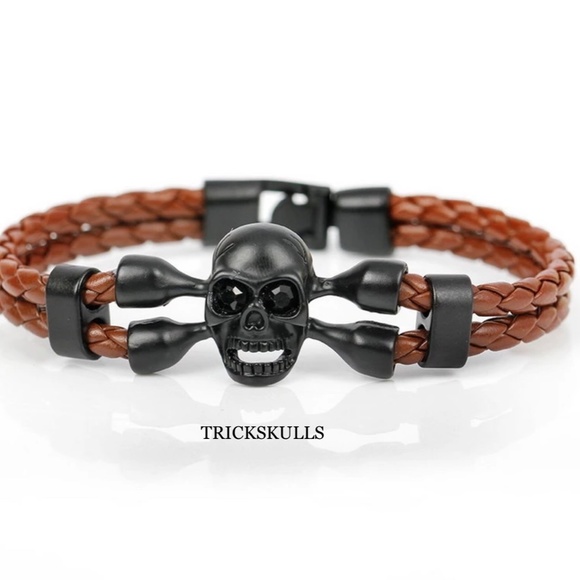 Womens Steel & Leather BROWN Braided Skull & Crossbones Cuff Bracelet 8 1/4” NEW - Picture 2 of 10